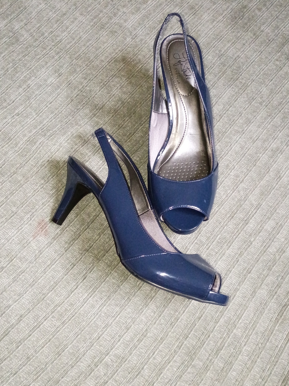 LifeStride Tannis Navy Blue Patent Peep Toe Slingback Heels Pumps Sz 11W